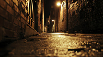 Low angle view of a dimly lit alleyway at night, evoking suspense and mystery - obrazy, fototapety, plakaty