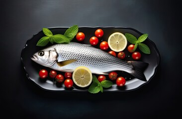 Large silver raw fish whole with lemon, cherry tomatoes and mint leaves on black platter, blurred dark background, top view, banner