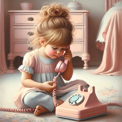 A young girl with a bun hairstyle is attentively listening on a pink rotary phone, seated on a soft pink carpet - 762490119