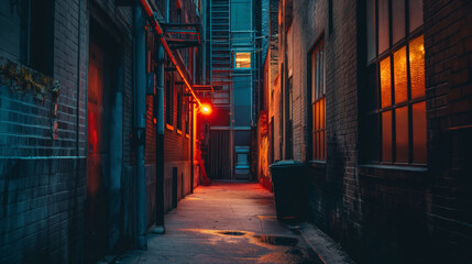 Cinematic view of a deserted alleyway bathed in neon lights with a hint of mystery