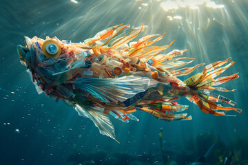plastic fish in the ocean, the concept of environmental pollution - obrazy, fototapety, plakaty