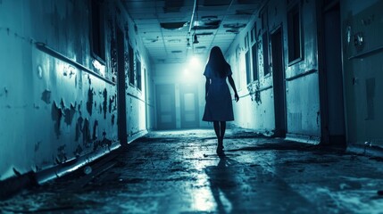 Spooky nurse woman ghost is walking in horror hospital building AI generated image - obrazy, fototapety, plakaty