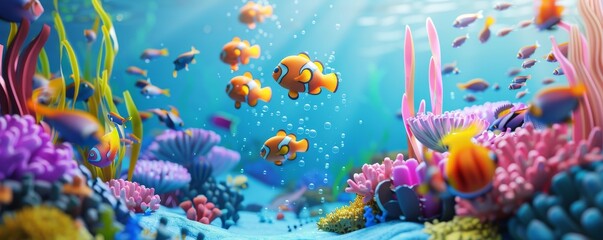 Fototapeta na wymiar A 3D underwater scene featuring cute, cartoonish sea creatures attending a coral reef school, with little fish carrying tiny backpacks