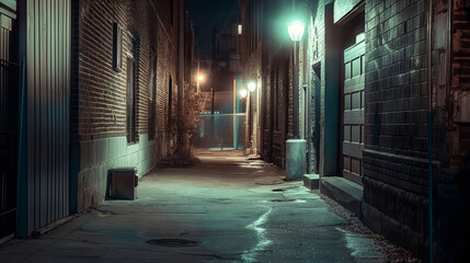 Exploring the eerie, mysterious alleyway at night with deserted streets, eerie shadows, and urban streetlights in a dark and spooky cityscape