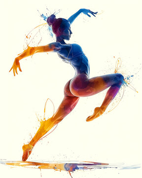 Watercolor image of a girl rhythmic gymnastics athlete. Colorful paints, white background. Abstract vision. The desire to win.