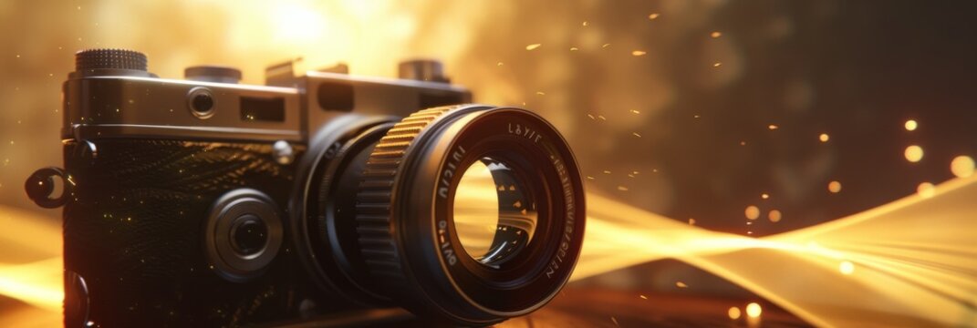 3D model A vintage camera with a lens that captures memories as swirling light orbs.