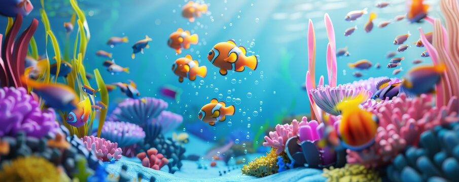 A 3D underwater scene featuring cute, cartoonish sea creatures attending a coral reef school, with little fish carrying tiny backpacks