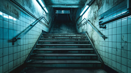 A moody, desolate staircase in an empty subway station, illuminated by overhead lights