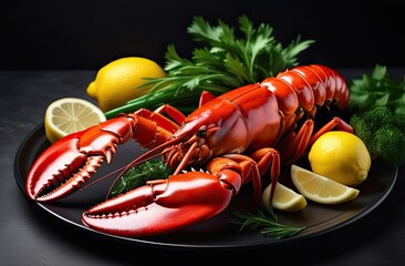 Raw crustacean with greens and lemon slices lying on a black dish that stands on a dark surface, blurred background, banner