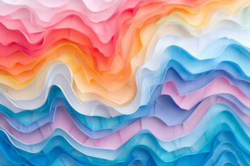 Abstract undulating paper waves in a gradient of pastel colors creating a dynamic and artistic background.