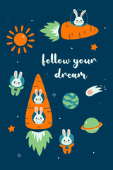 Postcard or poster with space in carrot spaceships. Vector graphics.