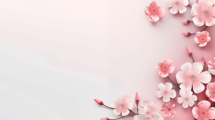 Bright blank background with space for your own content, banner. On the side decorations with pink cherry blossoms. Flowering flowers, a symbol of spring, new life.