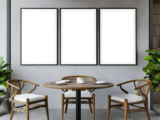 Mockup frame in cosy dining room interior,table and chairs wooden,white walls,minimalist interior, Generative AI