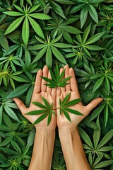 Hands with marijuana leaves. Medical and recreational concept. Close-up. Top view. Healing touch of cannabis.