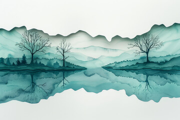 A watercolor paper art depicting a solitary leafless tree in a layered, misty landscape, blending hues of blue and white.. - obrazy, fototapety, plakaty