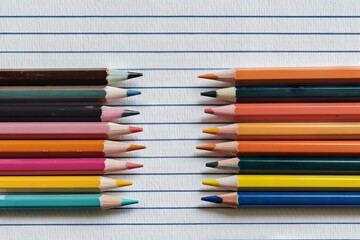 Obraz premium Detail of various colored pencils on white striped paper. Top view. Horizontal composition.