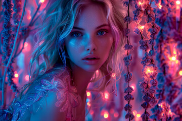 Obraz na płótnie Canvas A charming image of a young beauty surrounded by a neon forest