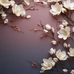 Small white flowers, petals on branches on a dark background banner with space for your own content. Flowering flowers, a symbol of spring, new life.