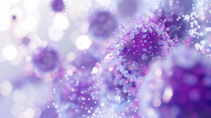 Purple spherical structures representing microscopic pathogens.