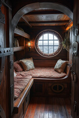 interior of bedroom captain cabin room on pirate ship. Inside ancient historic pirate sail boat