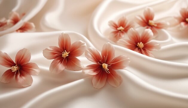 Spring pink flowers on flowing white silk, abstract background for card, invitation, prints or wallpaper.