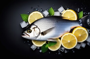 Large raw fish with lemon slices and mint leaves lying on ice cubes on black surface, top view, banner