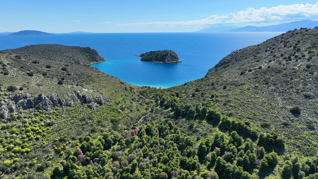 Aerial drone photo of small exotic island of Romvi next to famous long beach of Tolo, Argolida, Peloponnese, Greece