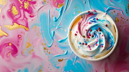 Frozen yogurt swirl a canvas in a cup brought to life with an array of vibrant toppings - obrazy, fototapety, plakaty
