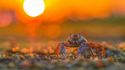 Funny Crab Arthropod looks on sunrise in the early morning time. Animals and save nature concept image.