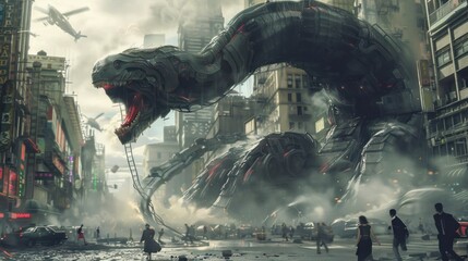 Giant snake robots attack the city and people run around AI generated image - obrazy, fototapety, plakaty