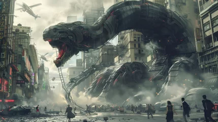 Fotobehang Giant snake robots attack the city and people run around AI generated image © harkamat