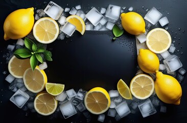 Whole lemons and slices with mint leaves and ice cubes lie around the perimeter of the frame on a black surface, top view, banner with space for text