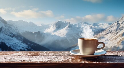 a cup of coffee on a table with mountains in the background