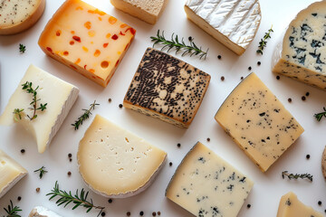 Top view of a set or assortment of different types of cheeses with spices, rosemary and pepper
