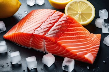 Piece of red raw or salted fish fillet with lemon slices and ice cubes lie on black surface, top view, banner