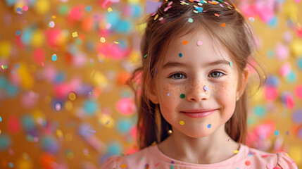 Birthday child happy girl with confetti on colored, happy birthday child girl with confetti, Cheerful little girl celebrates birthday. The child blows confetti from the hands. Generative Ai