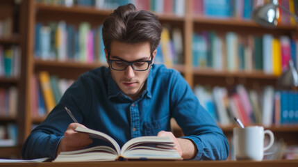 A concentrated young man in glasses is absorbed in reading a book at a desk with a lamp and a cup, with bookshelves filled with books in the background.