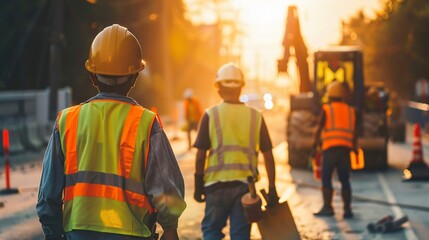 Highway construction workers donned in safety vests and helmets coordinate tirelessly beneath the sun laying the foundation of progress
