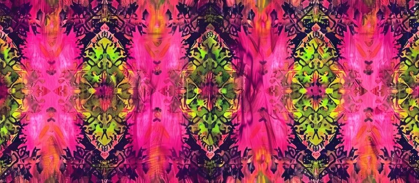 A closeup of a bold and vibrant pattern featuring shades of pink, purple, magenta, and green on a background resembling a terrestrial plant. The symmetry creates a visually striking art piece