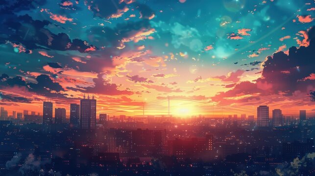 View of the sky above the city with an anime comic concept AI generated image