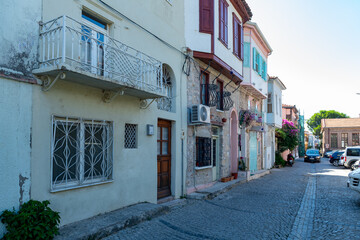 Fototapeta premium Balikesir, Ayvalık TURKEY. July 26, 2022. Ayvalik Town old streets view. Ayvalik is populer tourist destination in Turkey.