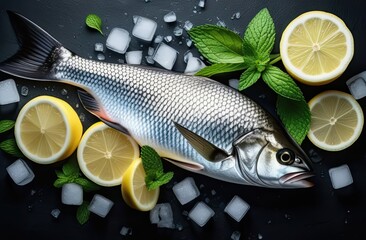 Large raw fish with cut lemons, ice cubes and mint leaves lying on black surface, top view, banner