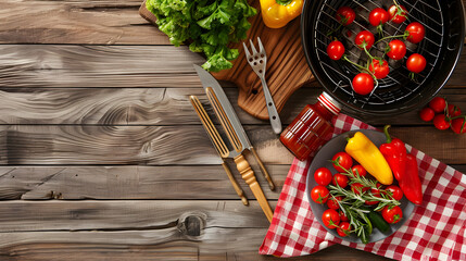 A top view of a summer barbecue setup with grilling tools, a plate of fresh vegetables, and a...
