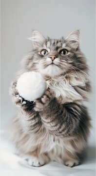 A fluffy cat playing with a white ball