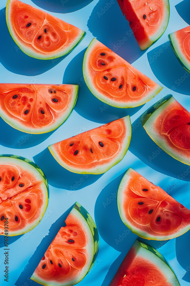 Sticker watermelon slices pattern on blue background