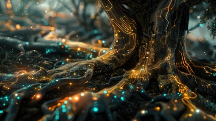 The concept of tree roots with light cables combines nature and technology AI generated image