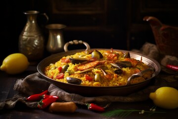 Exquisite paella on a rustic plate against a silk fabric background