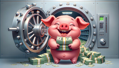 a bank vault piggy save pig rich wealth dollar coins account banking caricature protection safety gold secure security cash safe keep financial retirement finance money investment savings profit - obrazy, fototapety, plakaty