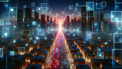 3D-rendered futuristic cityscape in twilight within a  holographic square portals line the streets at dusk, reflecting the neon.