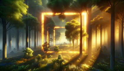 3D-rendered image at dawn, with radiant golden square portals adding a surreal contrast to the green.